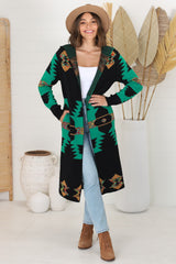 Quest Cardigan - Hooded Long Line Graphic Cardigan in Black