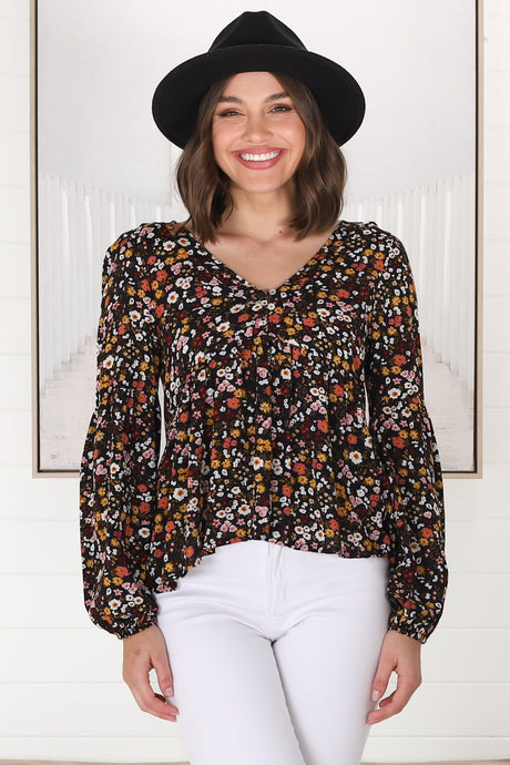 Grace Top - V-Neck Button Decal Long Sleeve Smock Top in Hollie Print Black