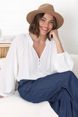 Magah Top - Buttoned Bodice Long Sleeve Slimline Smock Top in White