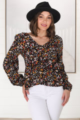 Grace Top - V-Neck Button Decal Long Sleeve Smock Top in Hollie Print Black