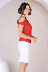 Cassie Top - Aysmmetric Neckline One Shoulder Knit Top in Red