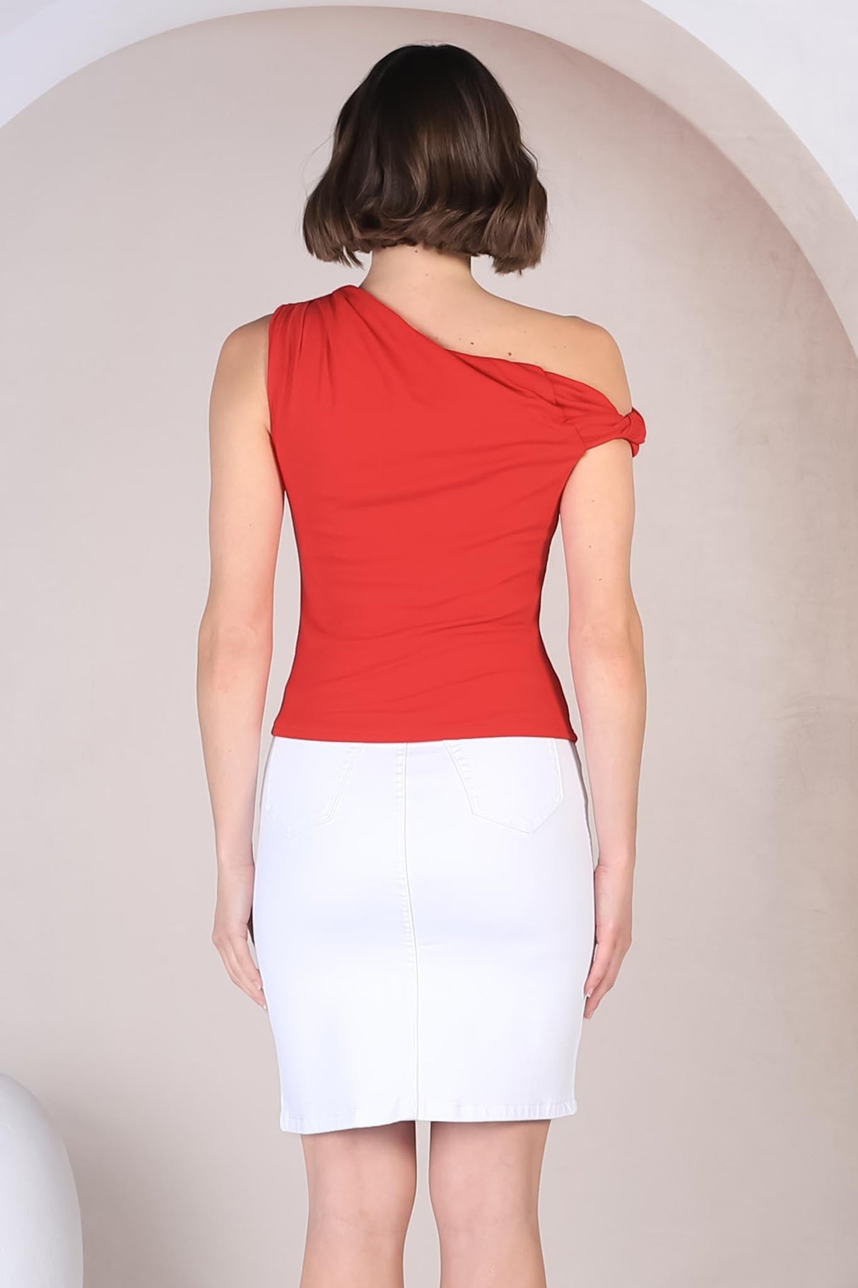 Cassie Top - Aysmmetric Neckline One Shoulder Knit Top in Red