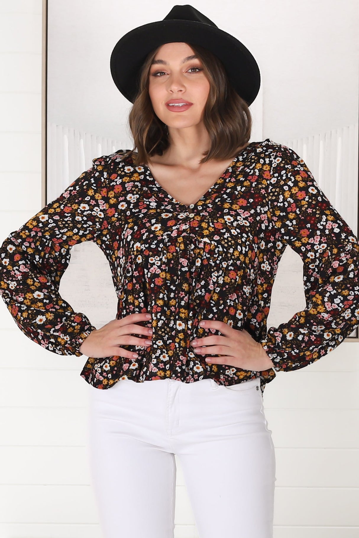 Grace Top - V-Neck Button Decal Long Sleeve Smock Top in Hollie Print Black