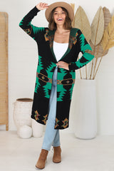 Quest Cardigan - Hooded Long Line Graphic Cardigan in Black