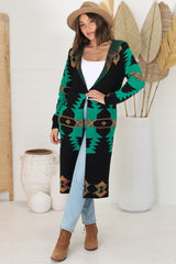 Quest Cardigan - Hooded Long Line Graphic Cardigan in Black