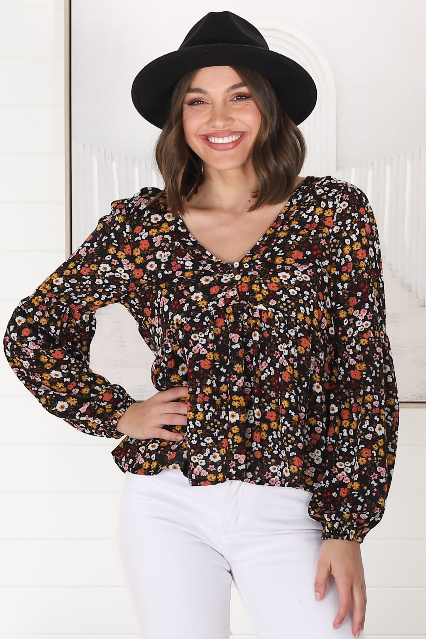 Grace Top - V-Neck Button Decal Long Sleeve Smock Top in Hollie Print Black