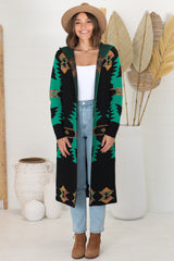 Quest Cardigan - Hooded Long Line Graphic Cardigan in Black