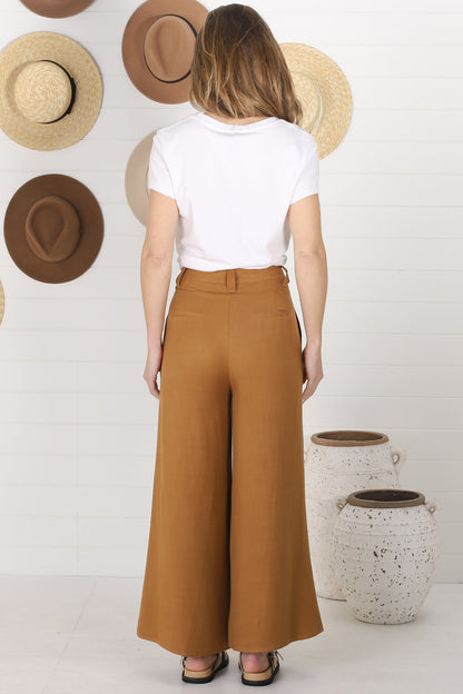 Colette Linen Pants - High Waist Wide Leg Linen Blend Pants in Camel