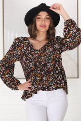 Grace Top - V-Neck Button Decal Long Sleeve Smock Top in Hollie Print Black