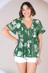 Aster Top - Pull Over Top with Rick Rack Detailing in Piper Print Green