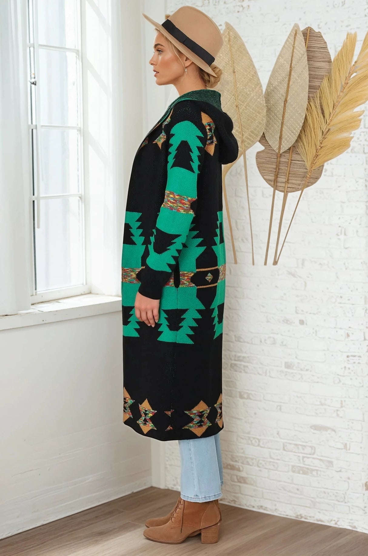 Quest Cardigan - Hooded Long Line Graphic Cardigan in Black