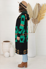 Quest Cardigan - Hooded Long Line Graphic Cardigan in Black