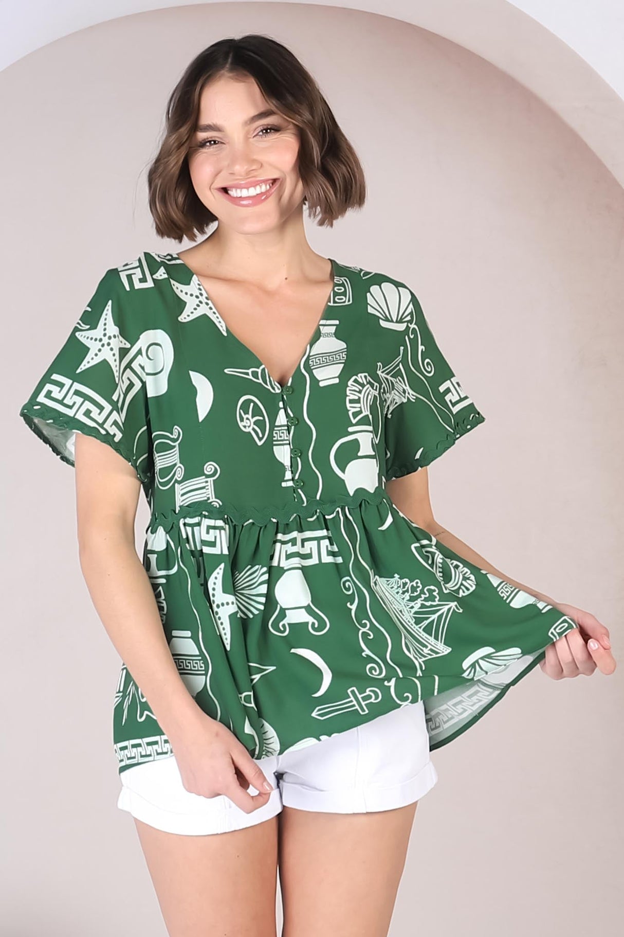 Aster Top - Pull Over Top with Rick Rack Detailing in Piper Print Green