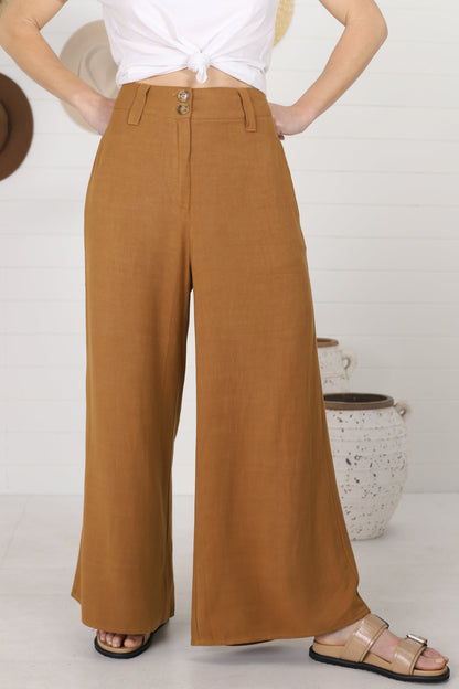 Colette Linen Pants - High Waist Wide Leg Linen Blend Pants in Camel