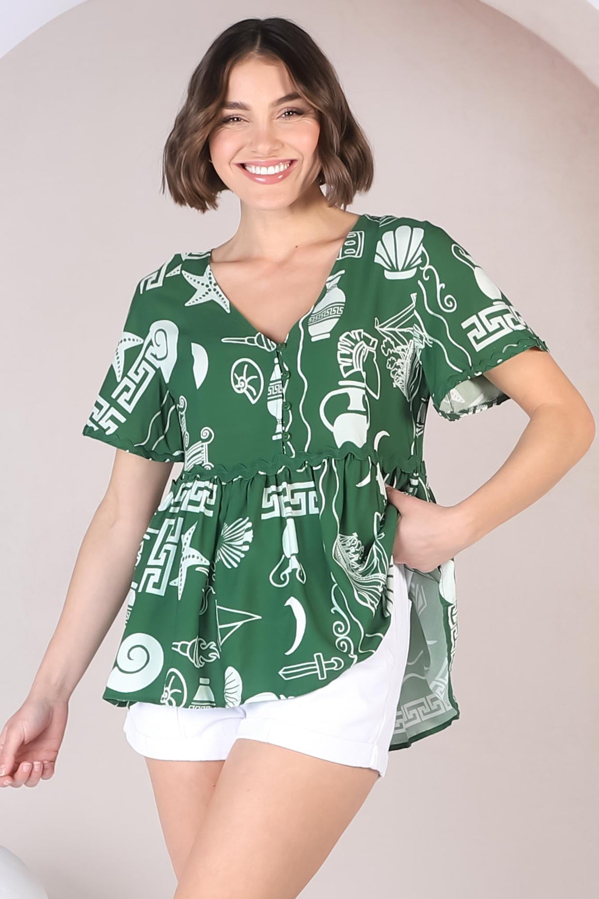 Aster Top - Pull Over Top with Rick Rack Detailing in Piper Print Green