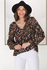 Grace Top - V-Neck Button Decal Long Sleeve Smock Top in Hollie Print Black