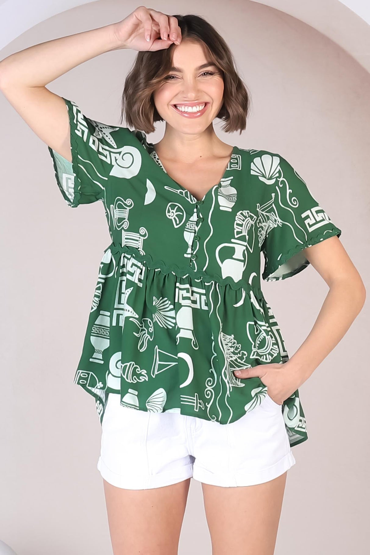 Aster Top - Pull Over Top with Rick Rack Detailing in Piper Print Green