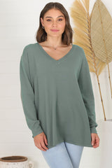 Mayanna Jumper - Light Weight V Neck Knit Jumper with Side Splits in Sage Green