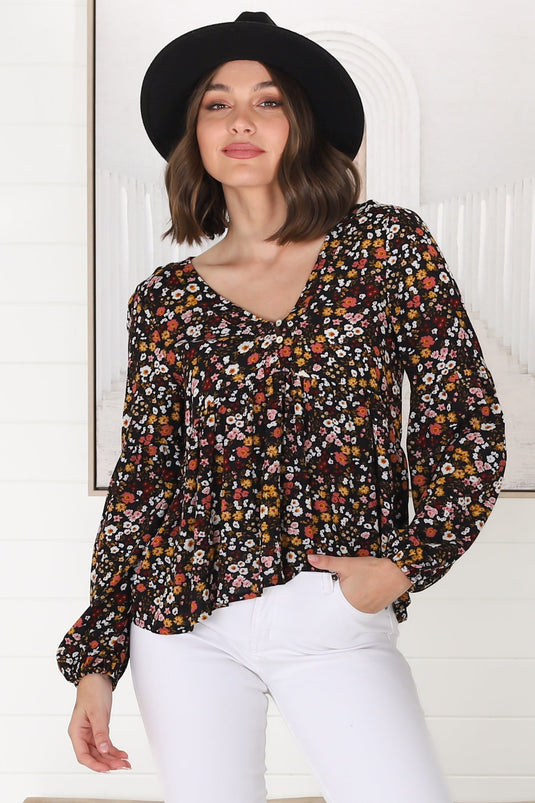 Grace Top - V-Neck Button Decal Long Sleeve Smock Top in Hollie Print Black