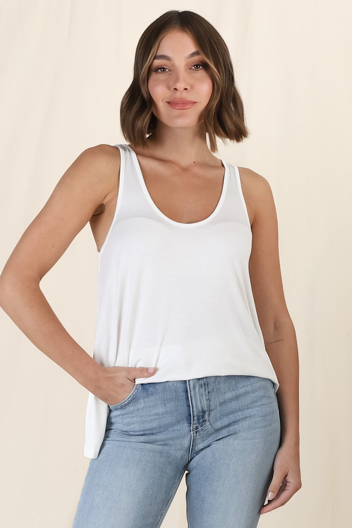 Adel Tank Top - Crew Neck Relaxed Tank Top in White