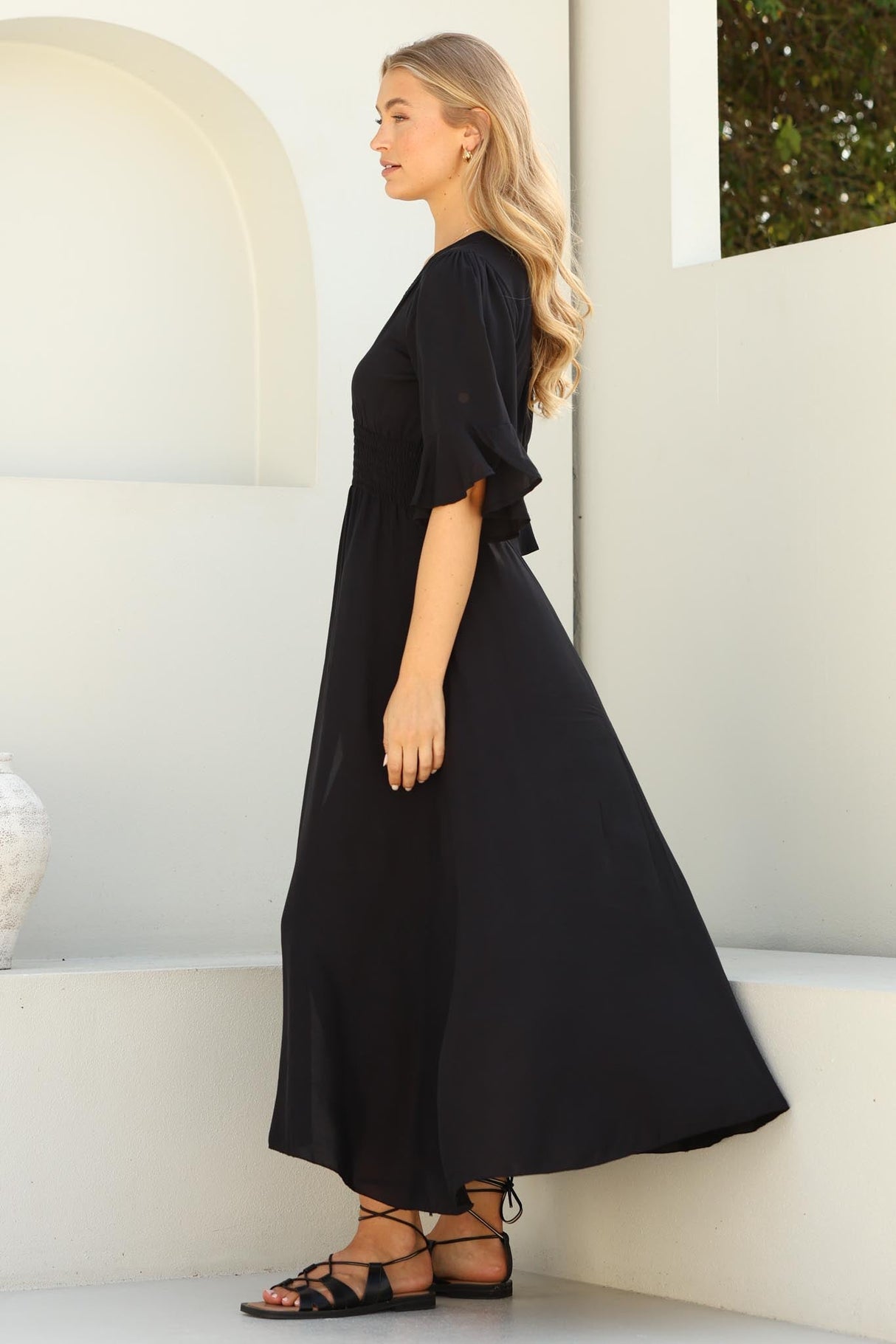 Alba Maxi Dress - Buttoned Bodice A Line Dress With Flute Sleeves In Black