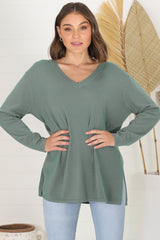 Mayanna Jumper - Light Weight V Neck Knit Jumper with Side Splits in Sage Green