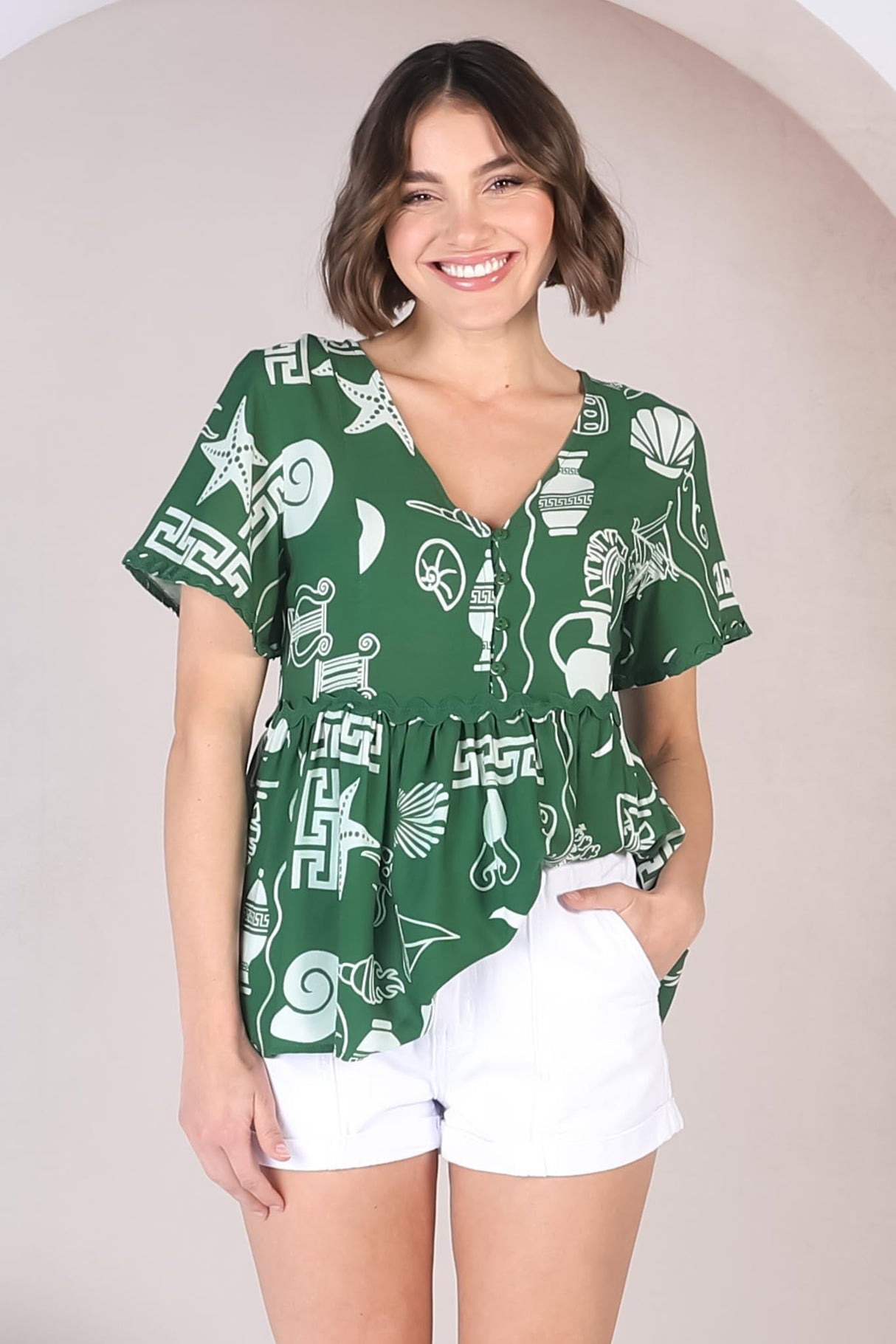 Aster Top - Pull Over Top with Rick Rack Detailing in Piper Print Green