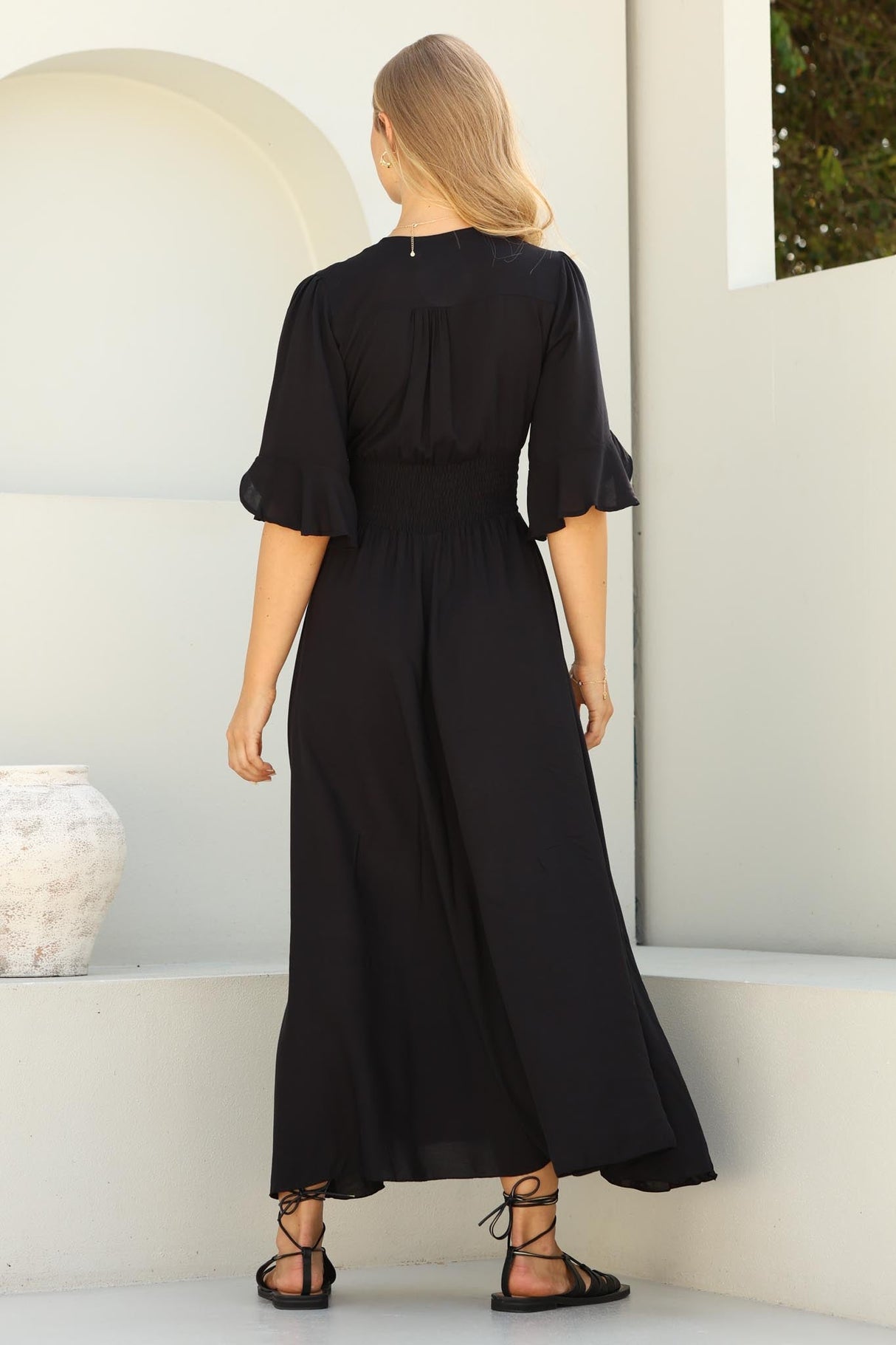 Alba Maxi Dress - Buttoned Bodice A Line Dress With Flute Sleeves In Black