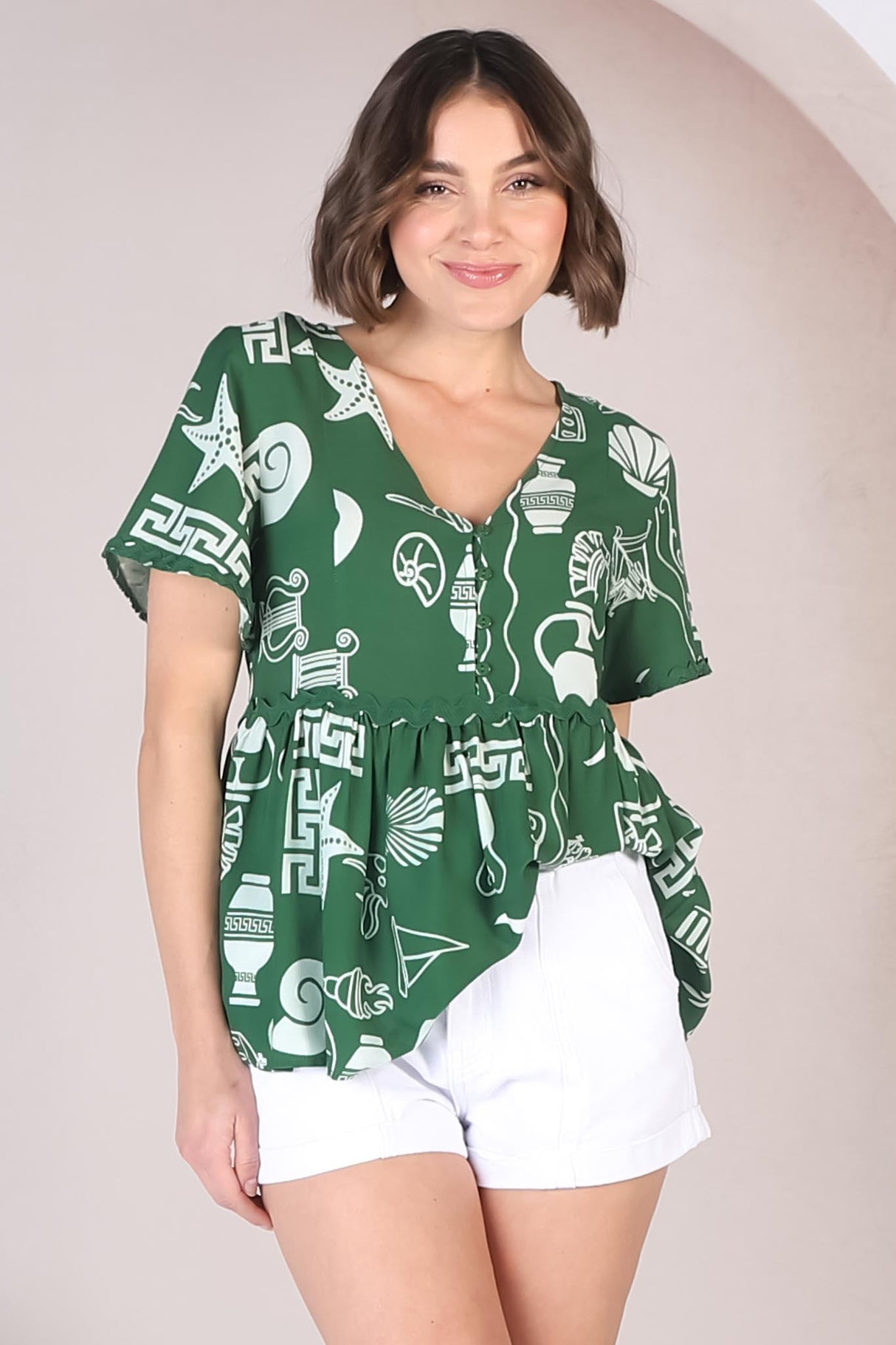 Aster Top - Pull Over Top with Rick Rack Detailing in Piper Print Green