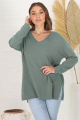 Mayanna Jumper - Light Weight V Neck Knit Jumper with Side Splits in Sage Green