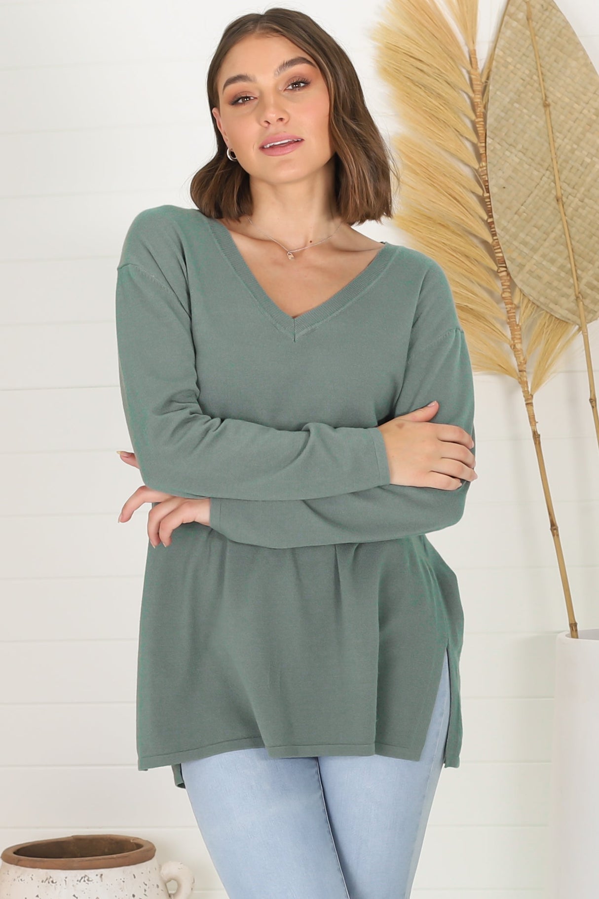 Mayanna Jumper - Light Weight V Neck Knit Jumper with Side Splits in Sage Green