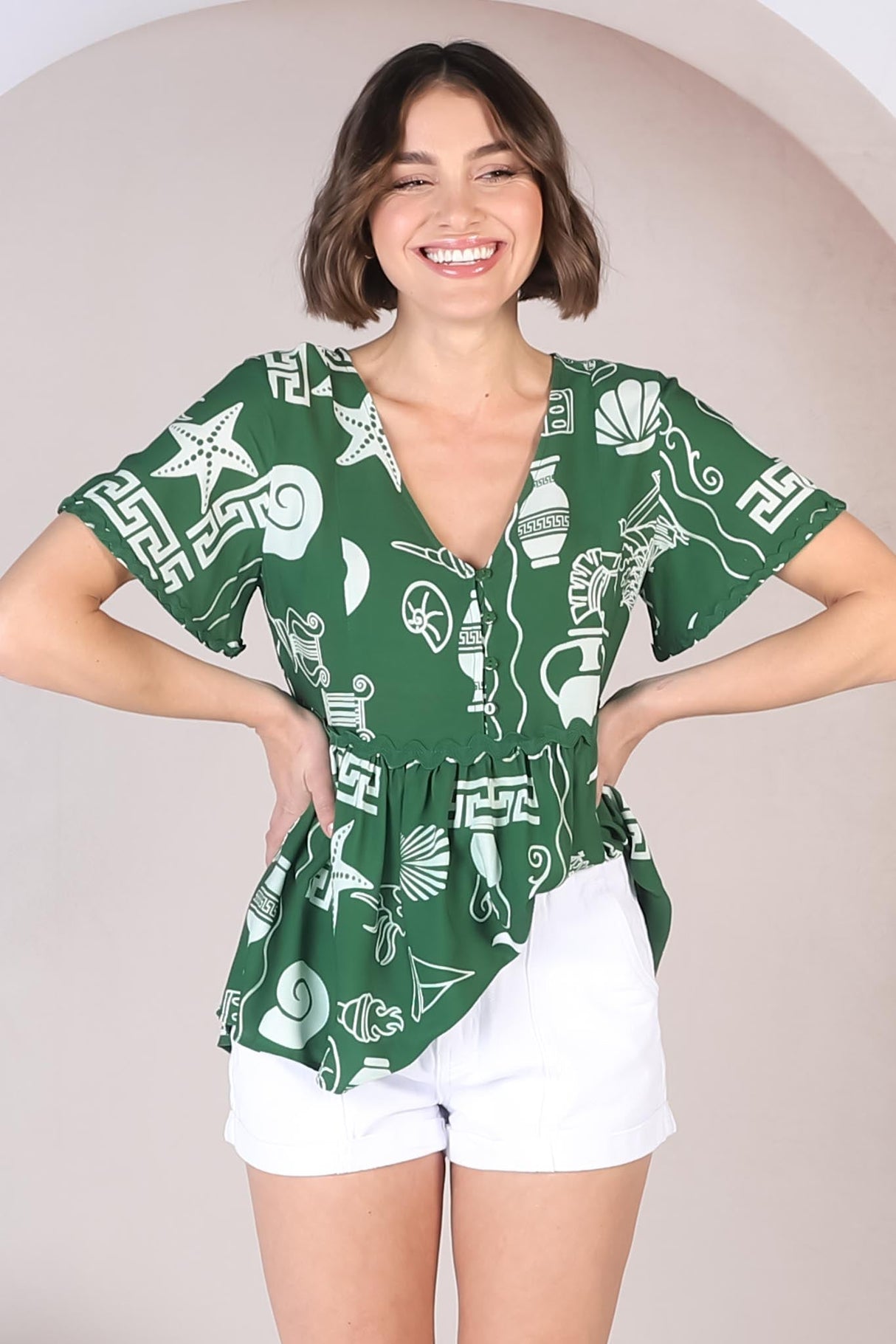 Aster Top - Pull Over Top with Rick Rack Detailing in Piper Print Green