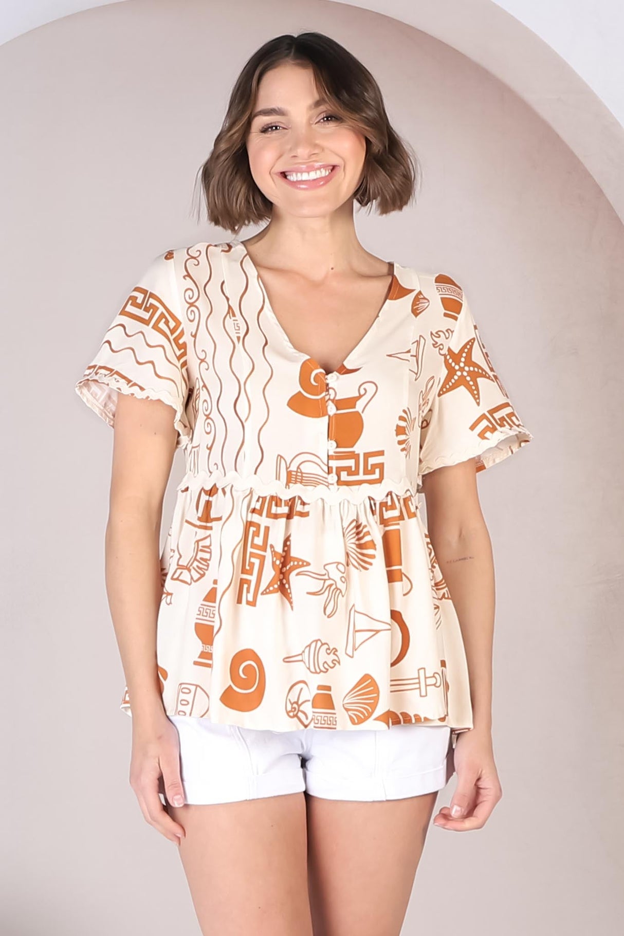 Aster Top - Pull Over Top with Rick Rack Detailing in Piper Print Tan