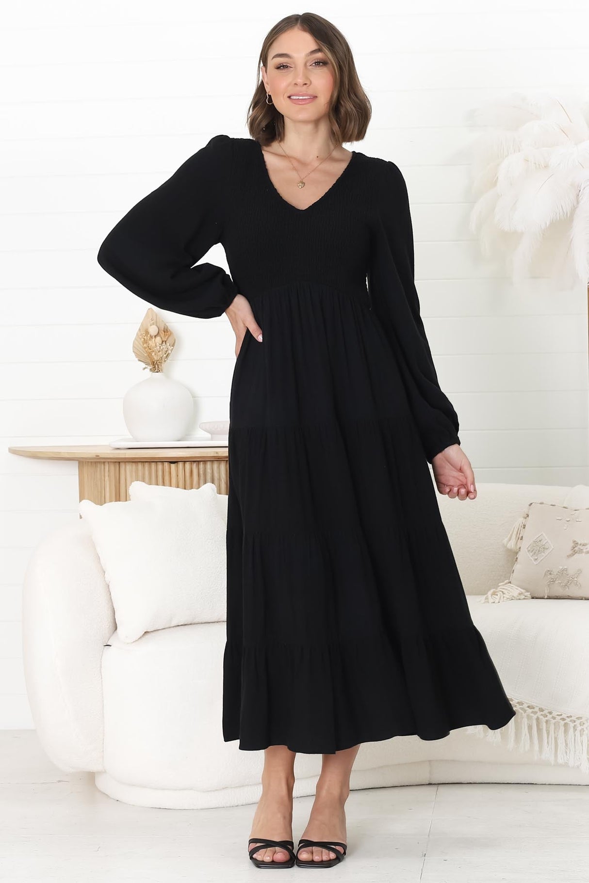 Maive Midi Dress - Shirred Bodice Tiered A Line Dress in Black