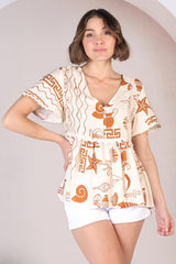 Aster Top - Pull Over Top with Rick Rack Detailing in Piper Print Tan