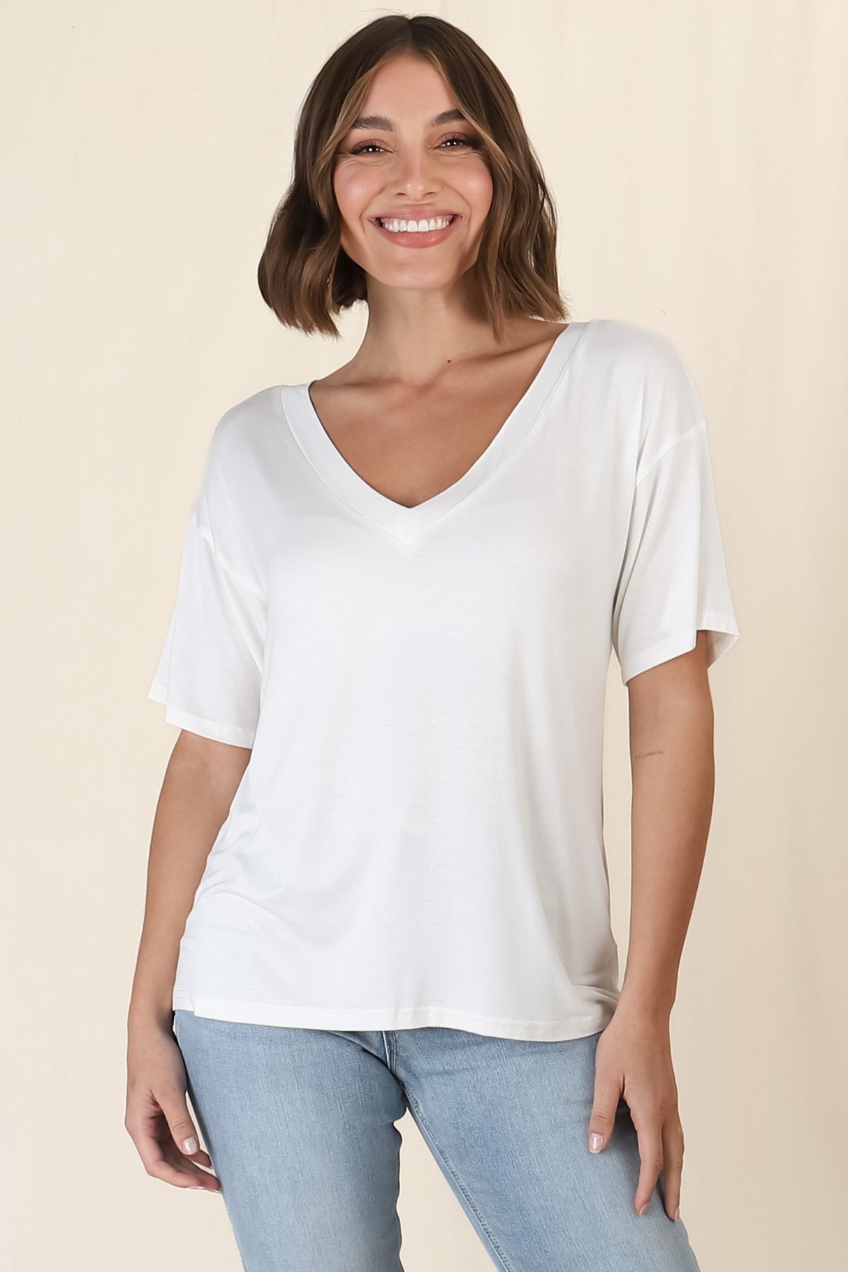 Madi T-Shirt - V Neck Short Sleeve Stretchy Tee in White