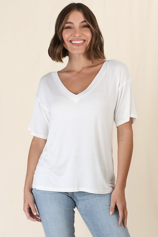 Madi T-Shirt - V Neck Short Sleeve Stretchy Tee in White