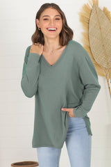 Mayanna Jumper - Light Weight V Neck Knit Jumper with Side Splits in Sage Green