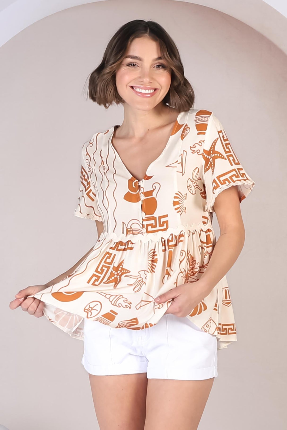 Aster Top - Pull Over Top with Rick Rack Detailing in Piper Print Tan