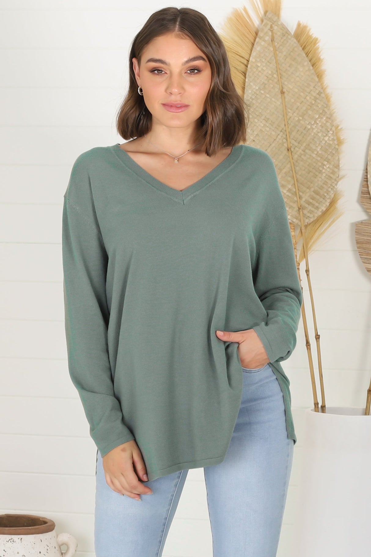 Mayanna Jumper - Light Weight V Neck Knit Jumper with Side Splits in Sage Green