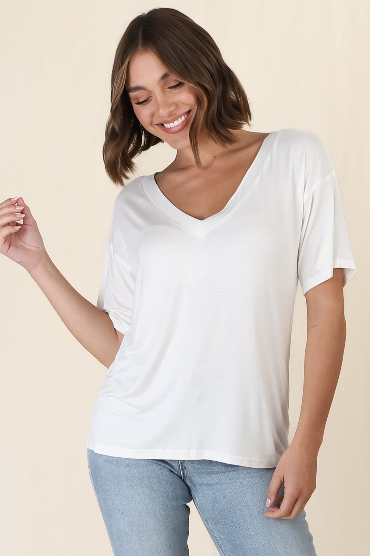 Madi T-Shirt - V Neck Short Sleeve Stretchy Tee in White