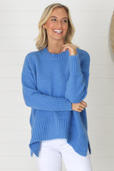 Sammy Jumper - Crew Neck Ribbed Shark Bite Hemline Jumper in Blue