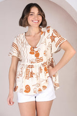 Aster Top - Pull Over Top with Rick Rack Detailing in Piper Print Tan