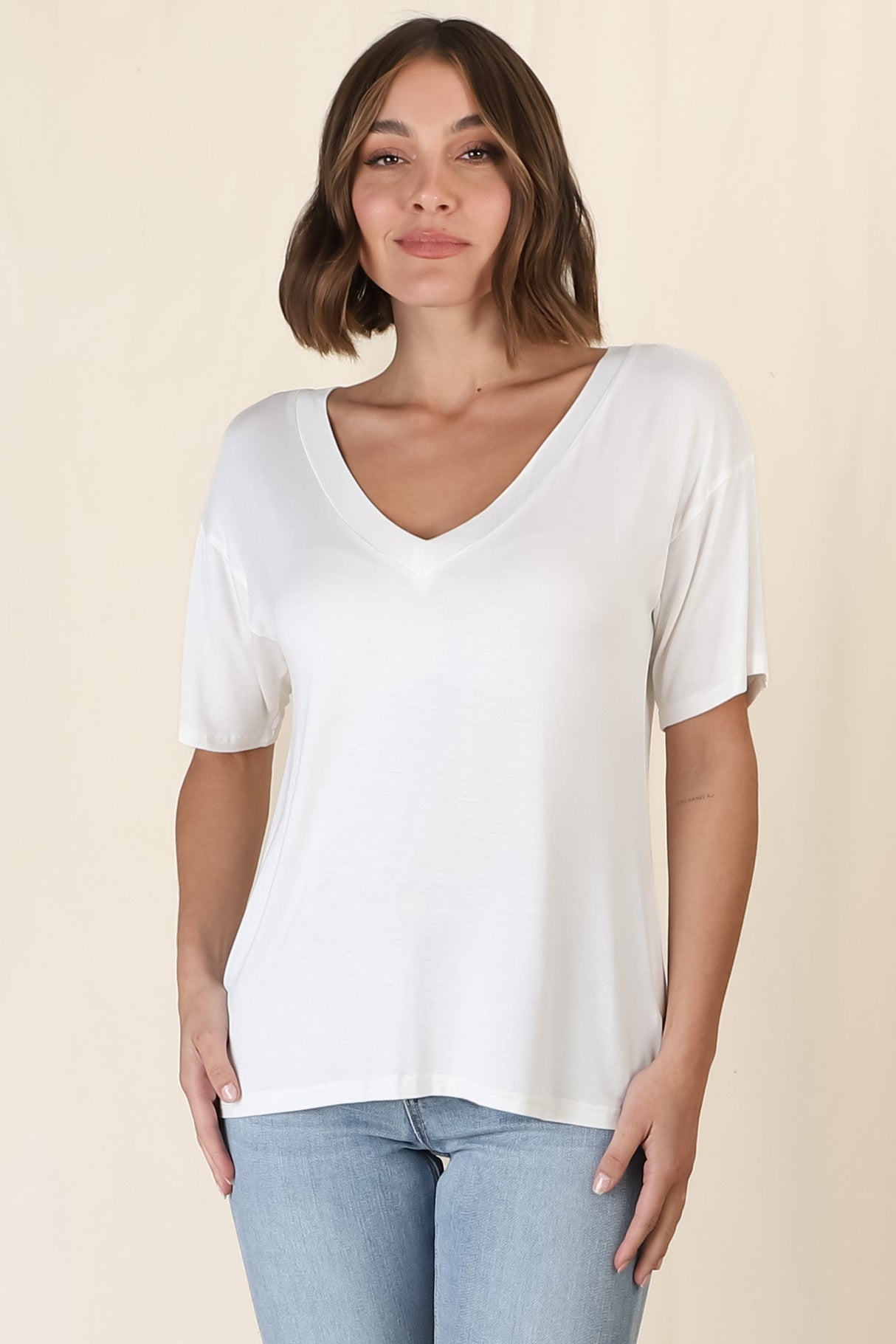 Madi T-Shirt - V Neck Short Sleeve Stretchy Tee in White