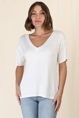 Madi T-Shirt - V Neck Short Sleeve Stretchy Tee in White