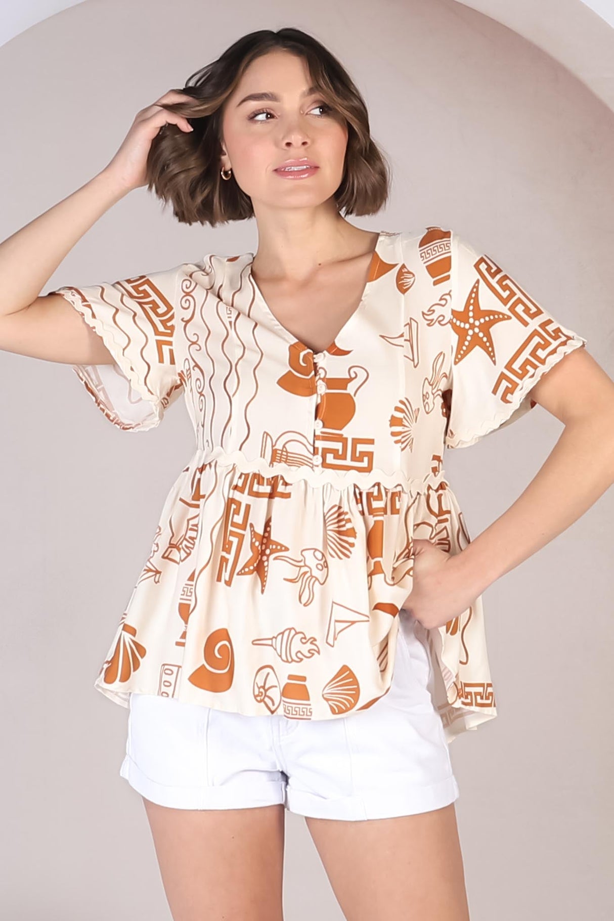 Aster Top - Pull Over Top with Rick Rack Detailing in Piper Print Tan