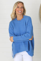 Sammy Jumper - Crew Neck Ribbed Shark Bite Hemline Jumper in Blue