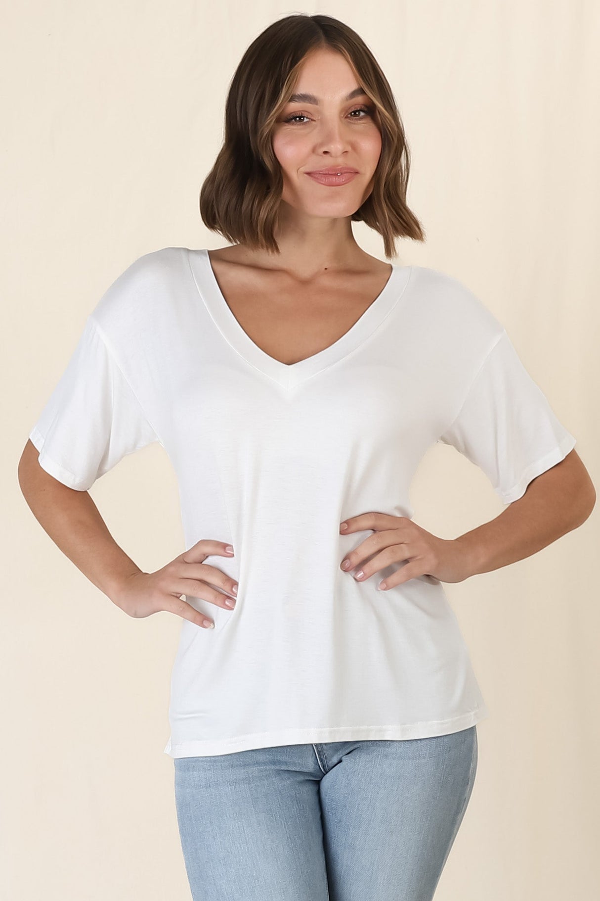 Madi T-Shirt - V Neck Short Sleeve Stretchy Tee in White