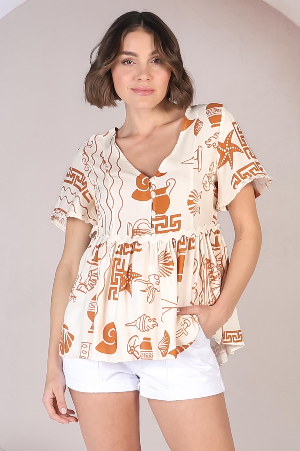 Aster Top - Pull Over Top with Rick Rack Detailing in Piper Print Tan