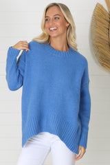 Sammy Jumper - Crew Neck Ribbed Shark Bite Hemline Jumper in Blue